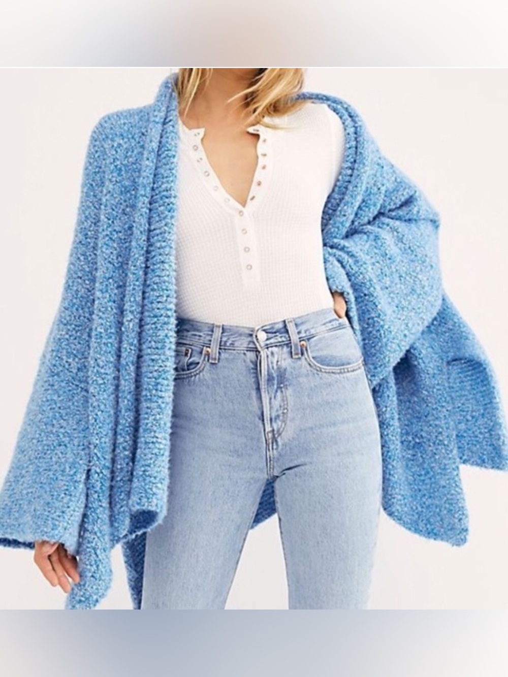 Free People Light Blue Bouclé Open Front Cardigan